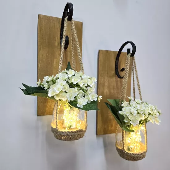 Led Işıklı, Beyaz Mini Ortanca Çiçekli, Meşe Aplik