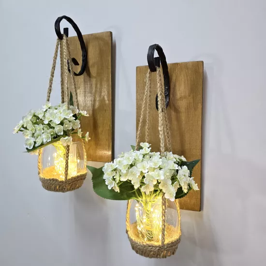 Led Işıklı, Beyaz Mini Ortanca Çiçekli, Meşe Aplik