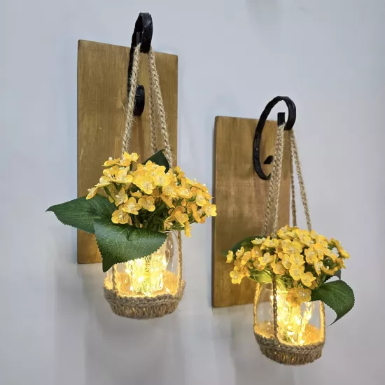 Led Işıklı, Sarı Mini Ortanca Çiçekli, Meşe Aplik