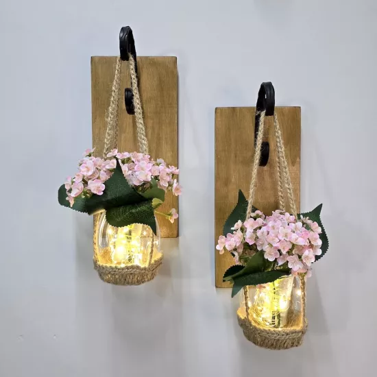 Led Işıklı, Pembe Mini Ortanca Çiçekli, Meşe Aplik