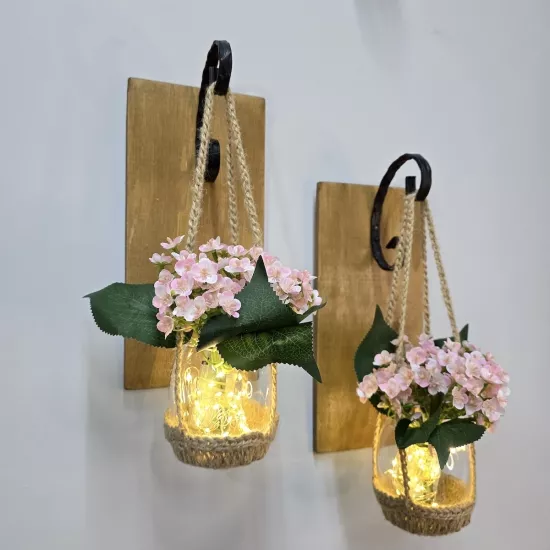 Led Işıklı, Pembe Mini Ortanca Çiçekli, Meşe Aplik