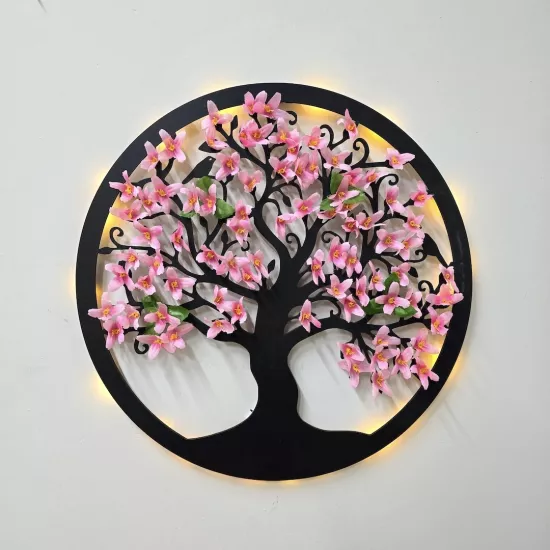 Led Işıklı ve Pembe Sakura Hayat Ağacı Tablo 40cm