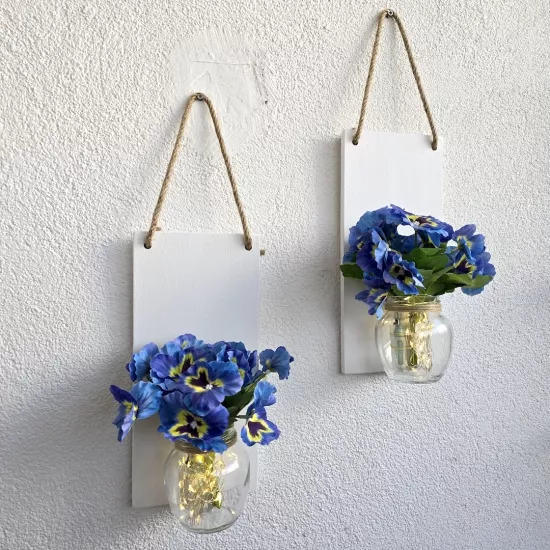 Led Işıklı, Mavi Menekşe Çiçekli Duvar Dekoru