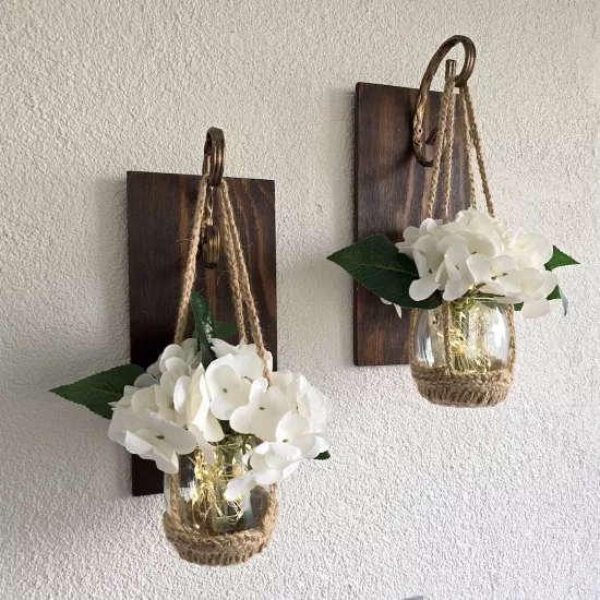 Duvar Dekoru, Led Işıklı, Beyaz Ortanca Çiçekli