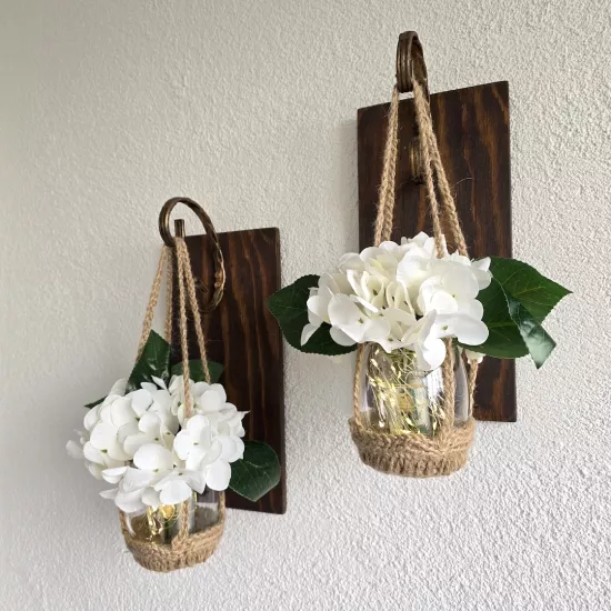 Duvar Dekoru, Led Işıklı, Beyaz Ortanca Çiçekli