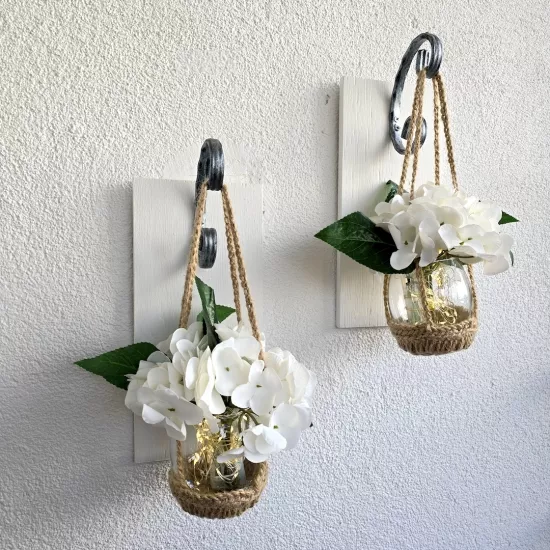 Duvar Dekoru, Led Işıklı, Beyaz Ortanca Çiçekli