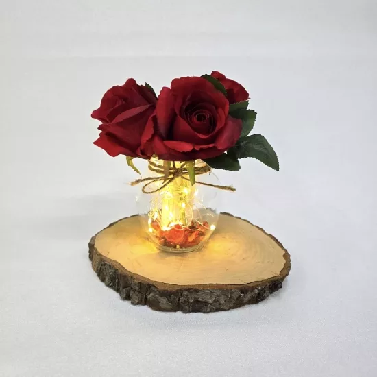 Kırmızı Gül Çiçekli, Led Işıklı Dekoratif Vazo