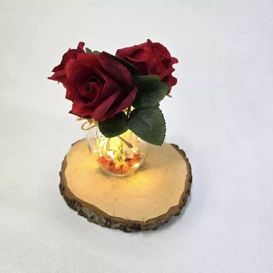 Kırmızı Gül Çiçekli, Led Işıklı Dekoratif Vazo