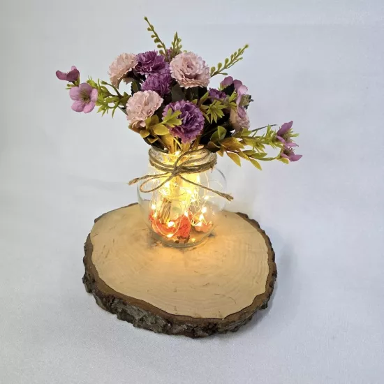 Pembe Karanfil Çiçekli, Led Işıklı Dekoratif Vazo