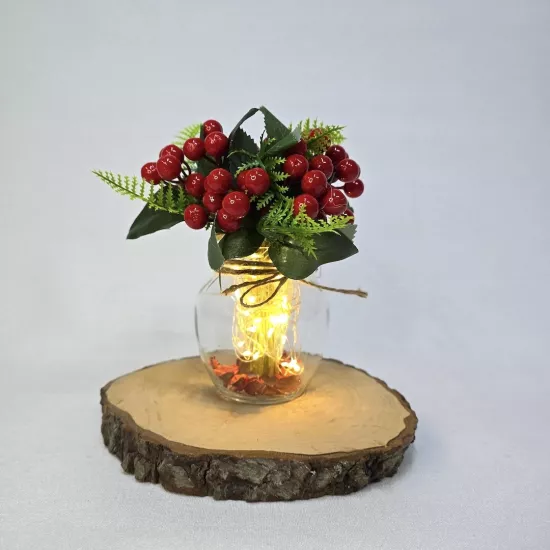 Kırmızı Kokina Çiçekli, Led Işıklı Dekoratif Vazo