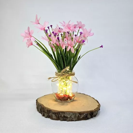 Pembe Nergis Çiçekli, Led Işıklı Dekoratif Vazo