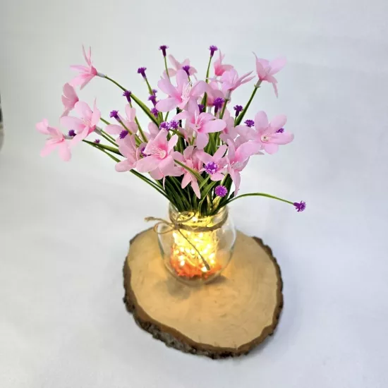 Pembe Nergis Çiçekli, Led Işıklı Dekoratif Vazo