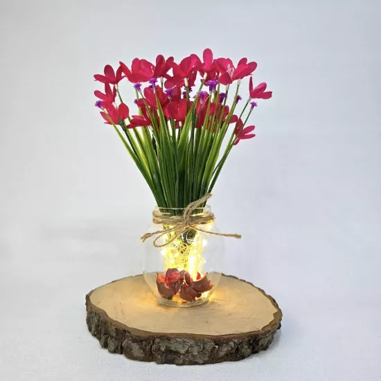 Fuşya Nergis Çiçekli, Led Işıklı Dekoratif Vazo