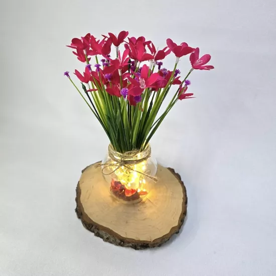 Fuşya Nergis Çiçekli, Led Işıklı Dekoratif Vazo