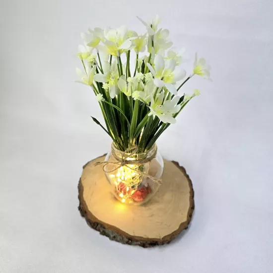 Beyaz Nergis Çiçekli, Led Işıklı Dekoratif Vazo