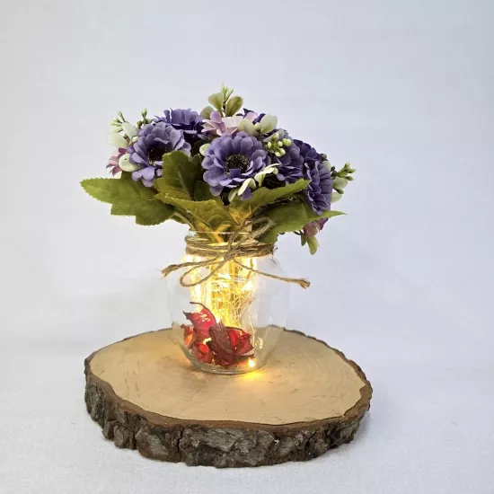 Lila Papatya Çiçekli, Led Işıklı Dekoratif Vazo