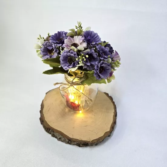 Lila Papatya Çiçekli, Led Işıklı Dekoratif Vazo