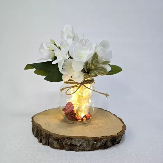 Beyaz Yasemin Çiçekli, Led Işıklı Dekoratif Vazo