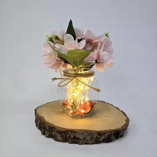 Pembe Yasemin Çiçekli, Led Işıklı Dekoratif Vazo