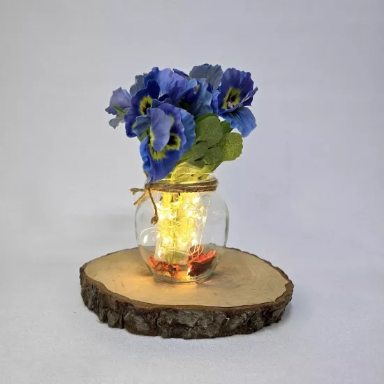 Mavi Menekşe Çiçekli, Led Işıklı Dekoratif Vazo