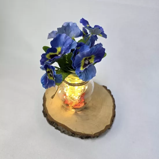 Mavi Menekşe Çiçekli, Led Işıklı Dekoratif Vazo