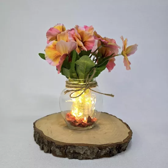 Pembe Menekşe Çiçekli, Led Işıklı Dekoratif Vazo