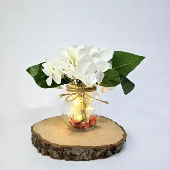 Beyaz Ortanca Çiçekli, Led Işıklı Dekoratif Vazo