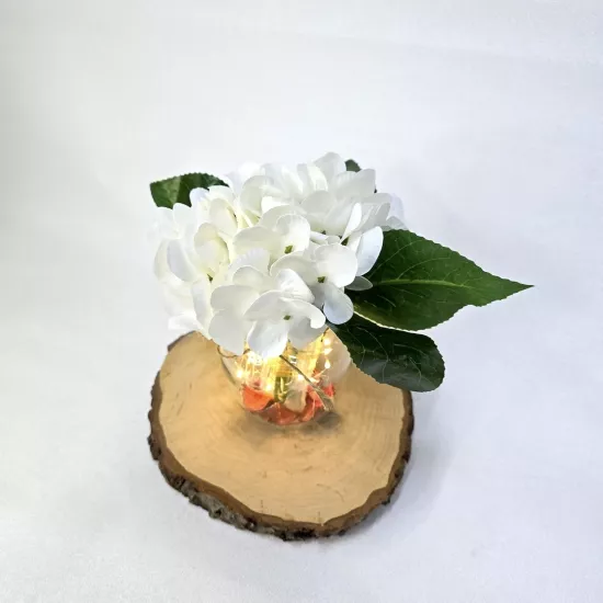 Beyaz Ortanca Çiçekli, Led Işıklı Dekoratif Vazo