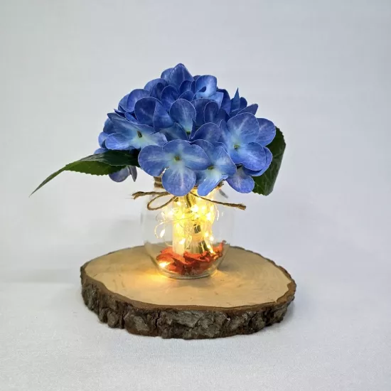 Mavi Ortanca Çiçekli, Led Işıklı Dekoratif Vazo