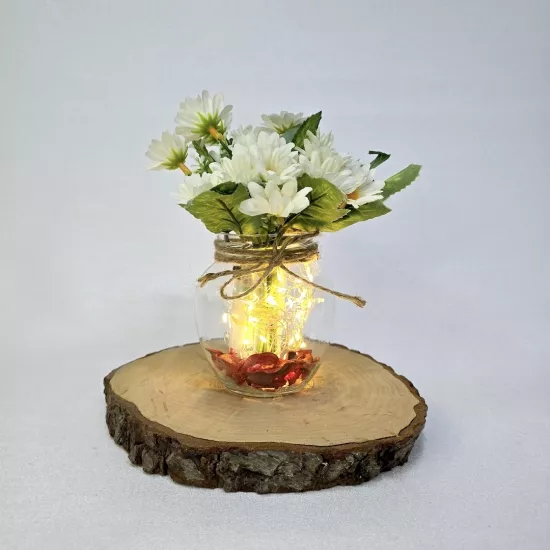 Beyaz Papatya Çiçekli, Led Işıklı Dekoratif Vazo