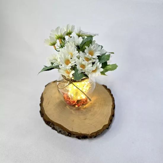 Beyaz Papatya Çiçekli, Led Işıklı Dekoratif Vazo