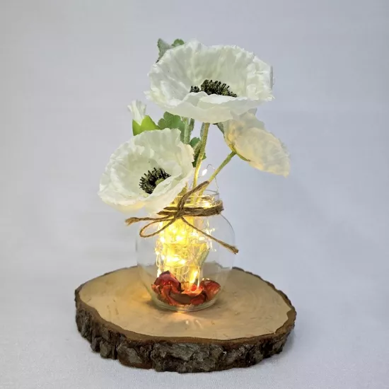 Beyaz Gelincik Çiçekli, Led Işıklı Dekoratif Vazo