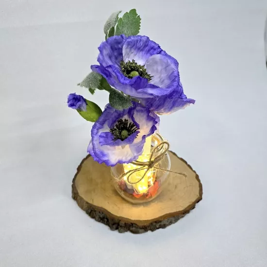 Lila Gelincik Çiçekli, Led Işıklı Dekoratif Vazo