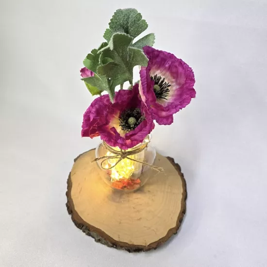 Fuşya Gelincik Çiçekli, Led Işıklı Dekoratif Vazo