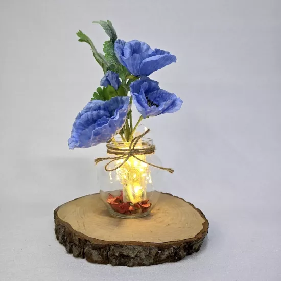 Mavi Gelincik Çiçekli, Led Işıklı Dekoratif Vazo