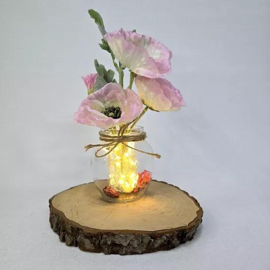 Pembe Gelincik Çiçekli, Led Işıklı Dekoratif Vazo