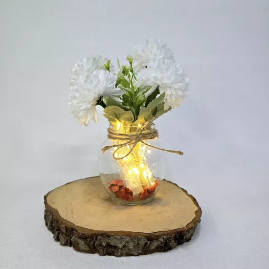 Beyaz Kasımpatı Çiçekli, Led Işıklı Dekoratif Vazo