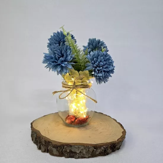 Mavi Kasımpatı Çiçekli, Led Işıklı Dekoratif Vazo