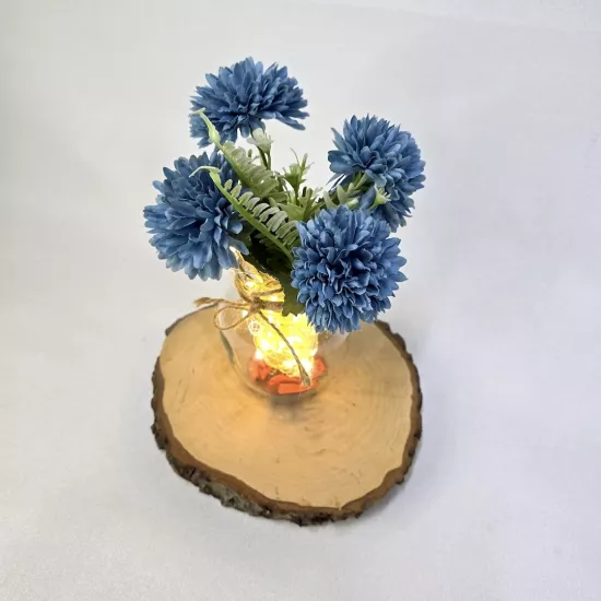 Mavi Kasımpatı Çiçekli, Led Işıklı Dekoratif Vazo