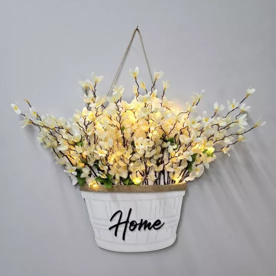 Led Işıklı ve Beyaz Sakura Çiçekli Duvar Dekoru