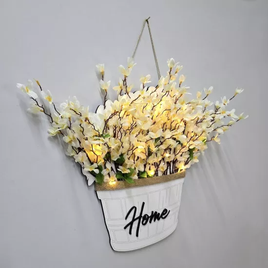 Led Işıklı ve Beyaz Sakura Çiçekli Duvar Dekoru