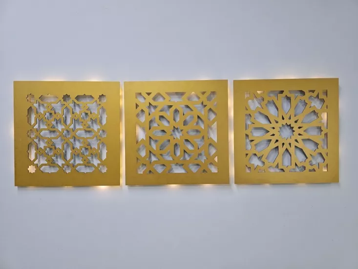 Led Işıklı Motif Tablo 3 lü Set - 30x30cm Gold