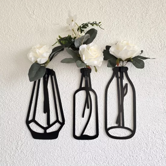 Beyaz Gül Çiçekli Dekoratif Tablo 3 lü Set - Siyah