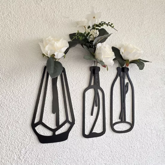 Beyaz Gül Çiçekli Dekoratif Tablo 3 lü Set - Siyah