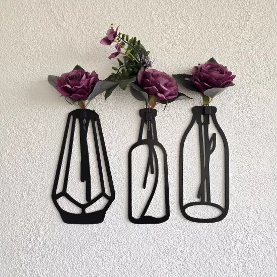 Mor Gül Çiçekli Dekoratif Tablo 3 lü Set - Siyah