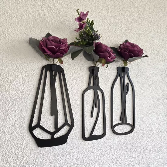 Mor Gül Çiçekli Dekoratif Tablo 3 lü Set - Siyah