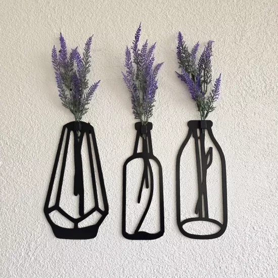 Lavanta Çiçekli Dekoratif Tablo 3 lü Set - Siyah