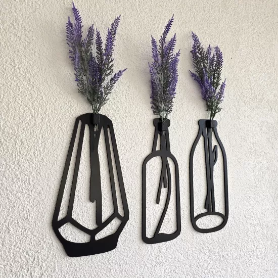 Lavanta Çiçekli Dekoratif Tablo 3 lü Set - Siyah