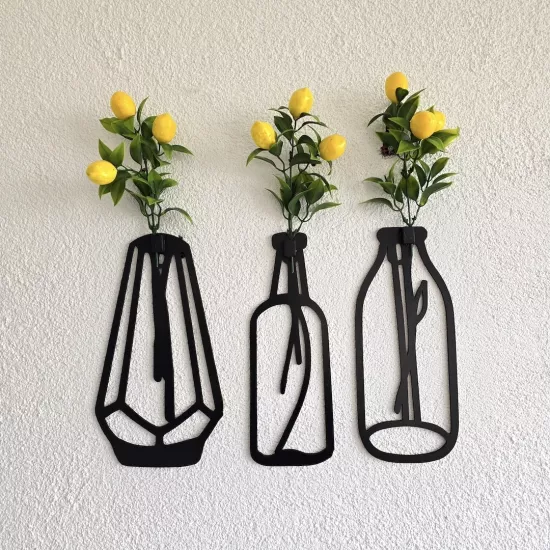 Limon Çiçekli Dekoratif Tablo 3 lü Set - Siyah