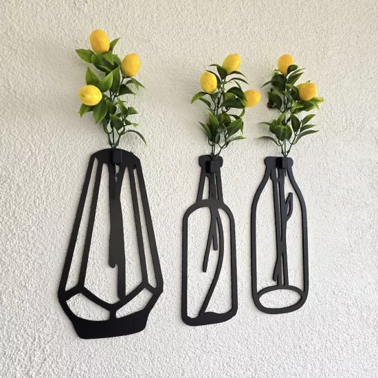 Limon Çiçekli Dekoratif Tablo 3 lü Set - Siyah